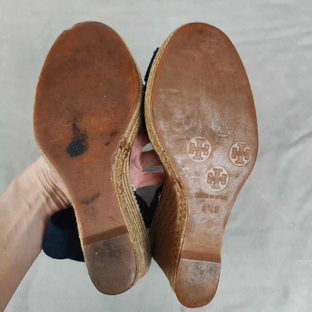 Tory Burch Frieda Espadrille Wedge‎ Sandals Womens 8.5B Navy Blue Strappy Beachy